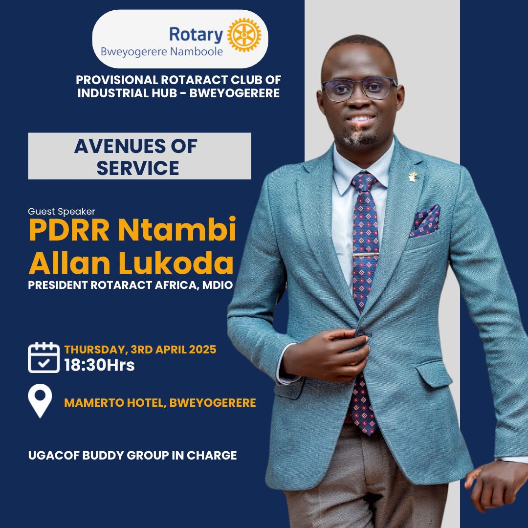 HubBweyogerere's tweet photo. SERVING WITH A PURPOSE

 Greetings partners in service,
Join us this Thursday as we explore the various Rotary Avenues of service with our PDRR NTAMBI ALLAN LUKODA

Come and unlock your potential and serve with passion to make a meaningful impact through service . https://t.co/143d8GH119