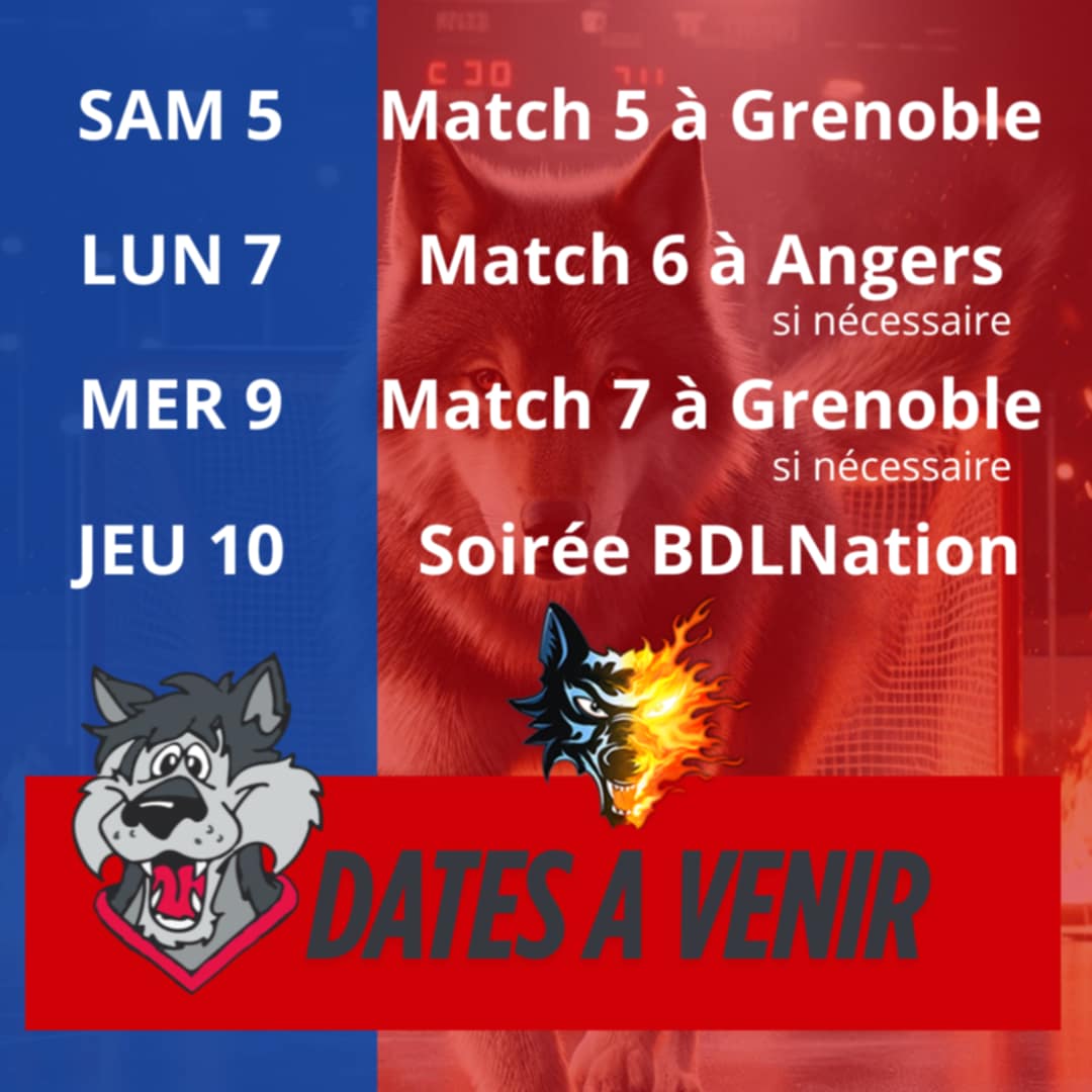 Irres1985's tweet photo. Si nécessaire :
Le match 6 se jouera à Angers Lundi 07/04
Le match 7 et dernier match de la saison se jouera le mercredi 09/04 à Grenoble.
Jeudi 10/04 polesud ouvrira ses portes pour la soirée BDL Nation qui clôturera cette saison! https://t.co/Iu3SMZY8Sg