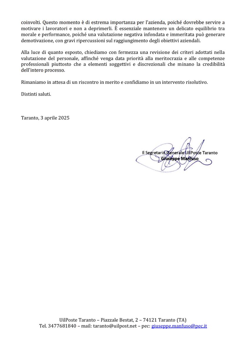 giuseppeman81's tweet photo. ‼ UILPoste Taranto denuncia le valutazioni ingiuste ‼

Ancora una volta, il merito passa in secondo piano: le valutazioni del personale si basano più su obbedienza e simpatia che sulle reali competenze. Questo sistema demotiva i lavoratori e penalizza chi merita davvero. https://t.co/oK7JEFCMtD