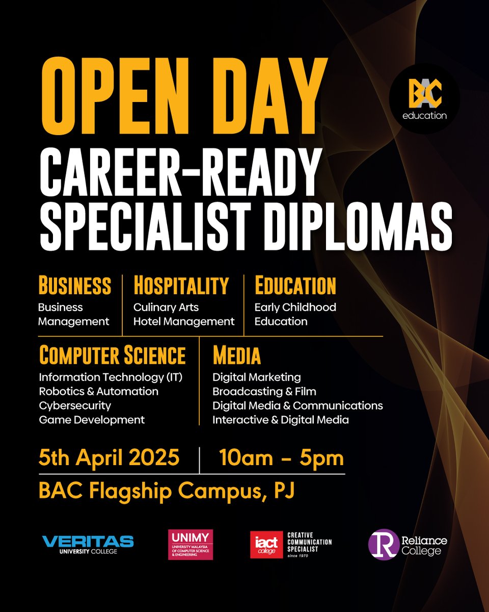 Your Future Starts Here at our Specialist Diplomas Open Day

📅 Saturday, 5th April 2025
⏰ 10am – 5pm
📍 BAC PJ Flagship Campus

Register now at bac.edu.my/career-ready-d… and discover the Fastest &amp; Smartest Way to turn your passion into a profession!

#OpenDay #BAC #BACEducation