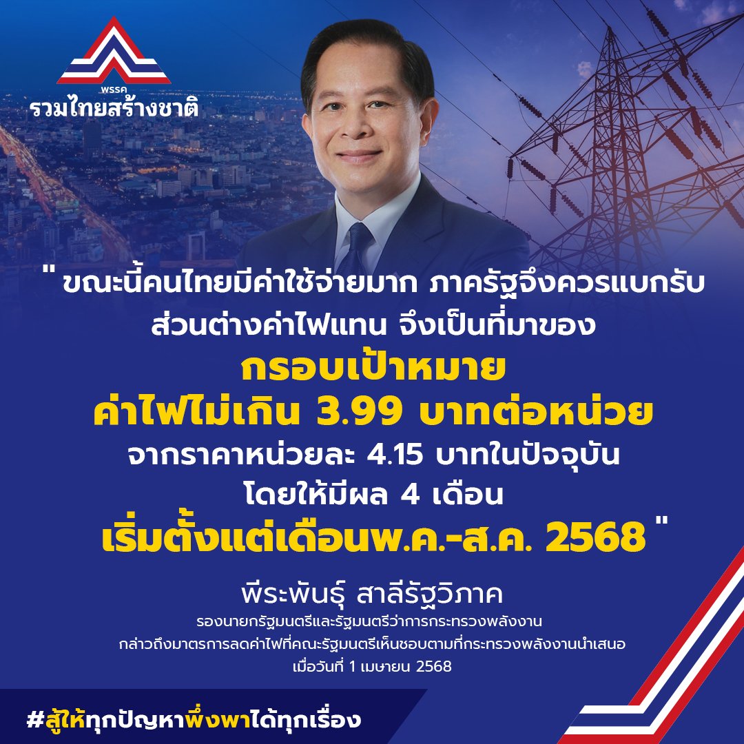 “ขณะนี้คนไทยมีค่าใช้จ่ายมาก ภาครัฐจึงควรแบกรับส่วนต่างค่าไฟแทน จึงเป็นที่มาของกรอบเป้าหมายค่าไฟให้ไม่เกิน 3.99 บาทต่อหน่วย จากราคาหน่วยละ 4.15 บาทในปัจจุบัน โดยให้มีผล 4 เดือน เริ่มตั้งแต่เดือนพ.ค.-ส.ค. 2568”
.