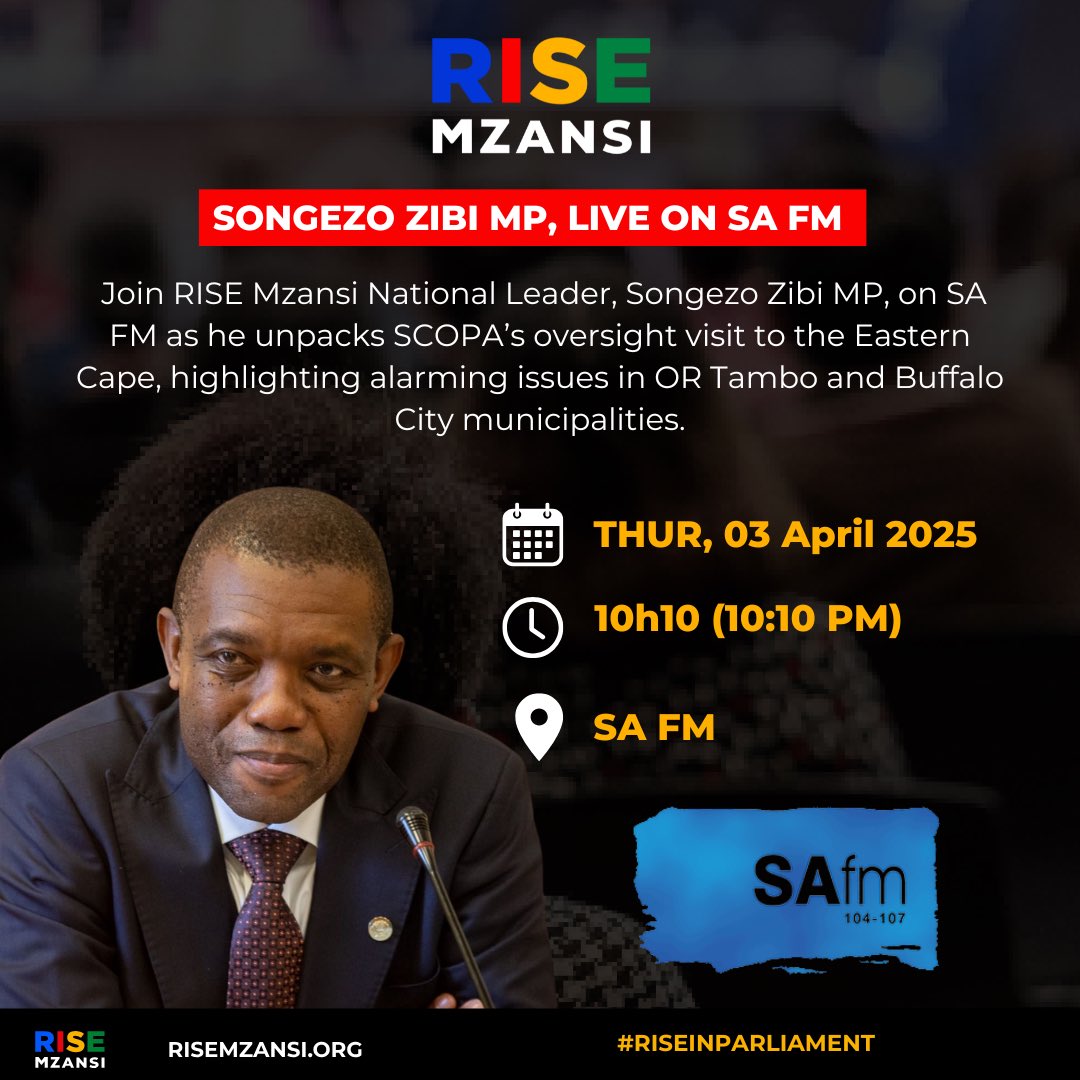 [LIVE]  Join RISE Mzansi National Leader, <a href="/SongezoZibi/">Songezo Zibi</a>  MP, on SA FM as he unpacks SCOPA’s oversight visit to the Eastern Cape, highlighting alarming issues in OR Tambo and Buffalo City municipalities.

#RISEInParliament
#ForThePeoplebyThePeople