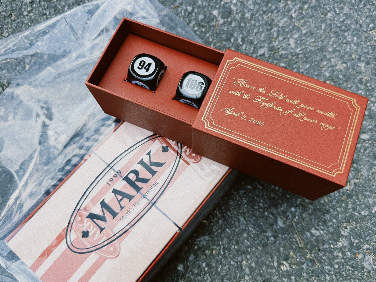 another customized present from mark for everyone who attended the homecoming event today

96 + 106 customized dice 

“Honor the Lord with your wealth,
with the Firstfruit of all your crops.”

April 3, 2025