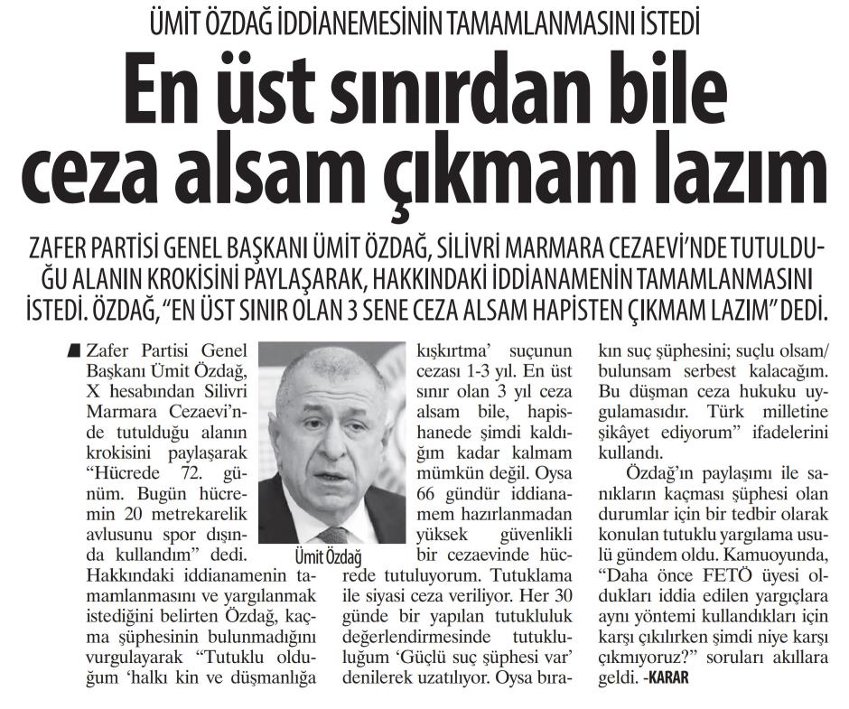 Karar Gazetesi, dün yaptığım X paylaşımını haber yapmış ve kamuoyunun tutukluluğuma gösterdiği tepkiyi de haberine eklemiş. 

<a href="/zaferpartisi/">Zafer Partisi</a>