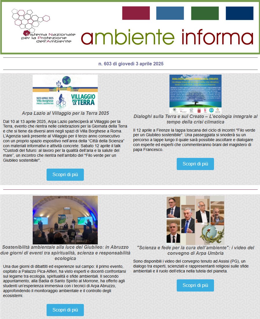 📌Nel nuovo numero di #AmbienteInforma si parla di <a href="/ARPALazio/">ARPA Lazio</a> al #villaggioperlaterra, gli incontri di <a href="/arpatoscana/">ARPAT</a> <a href="/artaabruzzo/">Arta Abruzzo</a> e <a href="/arpaumbria/">Arpa Umbria</a> nell'ambito del #GiubileoVerde, il confronto sul tema del #nucleare dell' <a href="/ISIN_Nucleare/">ISIN</a> e molto altro. Info👉
a3g2i4.emailsp.com/f/rnl.aspx/?ff…