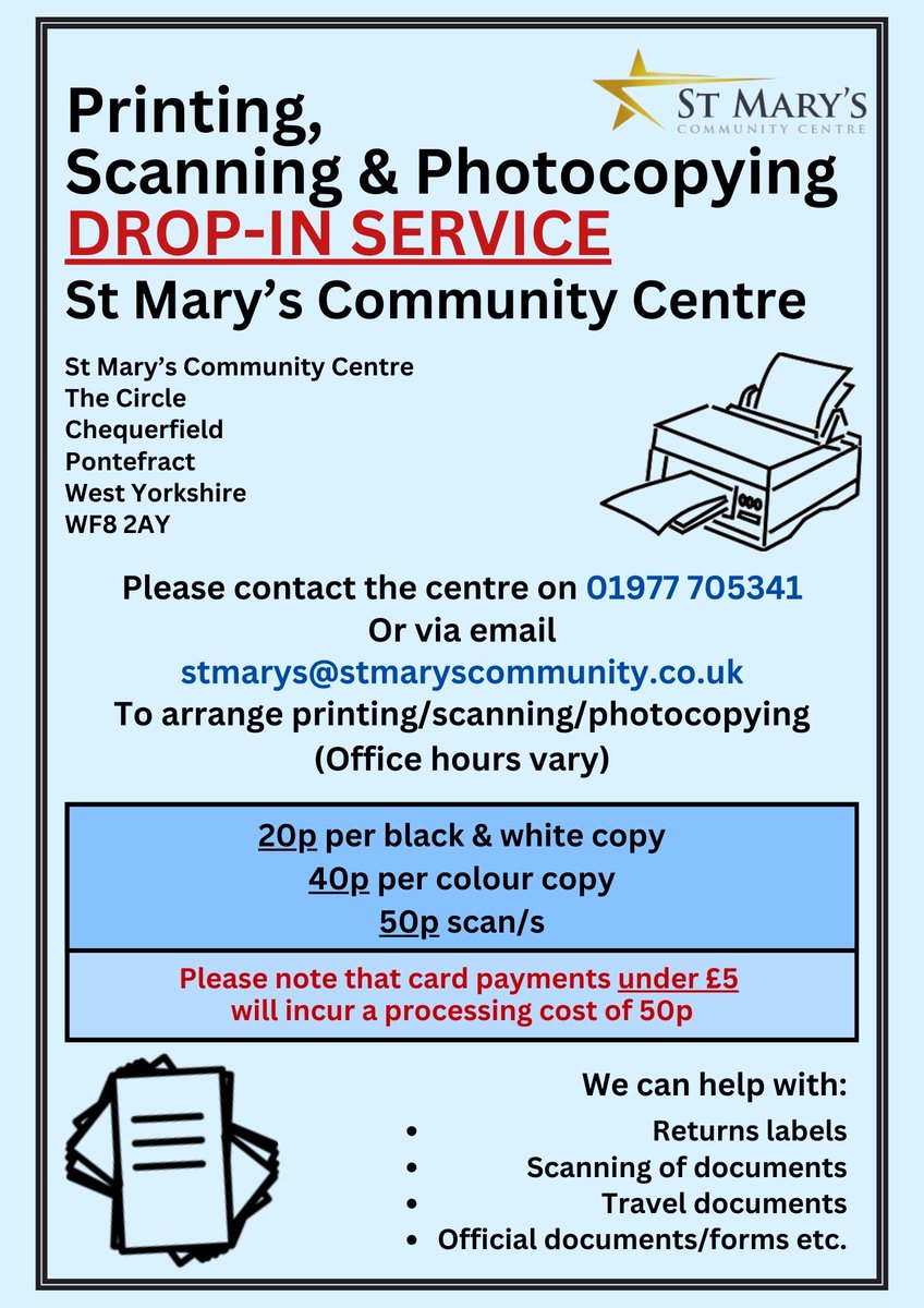 St Mary's Community Centre Pontefract (@stmarysccponte) on Twitter photo Public service available for all 🙌
Please contact the centre to arrange for your printing or photocopying, and for your collection (Office hours vary)
☎️ 01977 705341
💻stmarys@stmaryscommunity.co.uk Public service available for all 🙌
Please contact the centre to arrange for your printing or photocopying, and for your collection (Office hours vary)
☎️ 01977 705341
💻stmarys@stmaryscommunity.co.uk