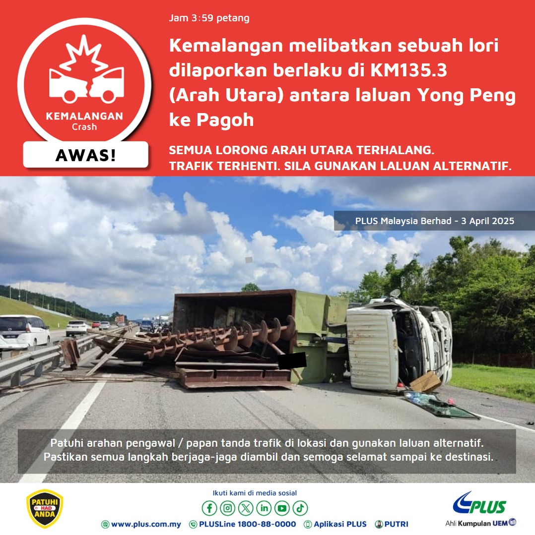 plustrafik's tweet photo. 15:52hrs Awas! Kemalangan Km 135.3 arah Utara dari Yong Peng (U) ke Pagoh. Semua lorong terhalang. Trafik terhenti. Gunakan laluan alternatif. Harap maklum. @llmtrafik https://t.co/Le9hLdTmXn