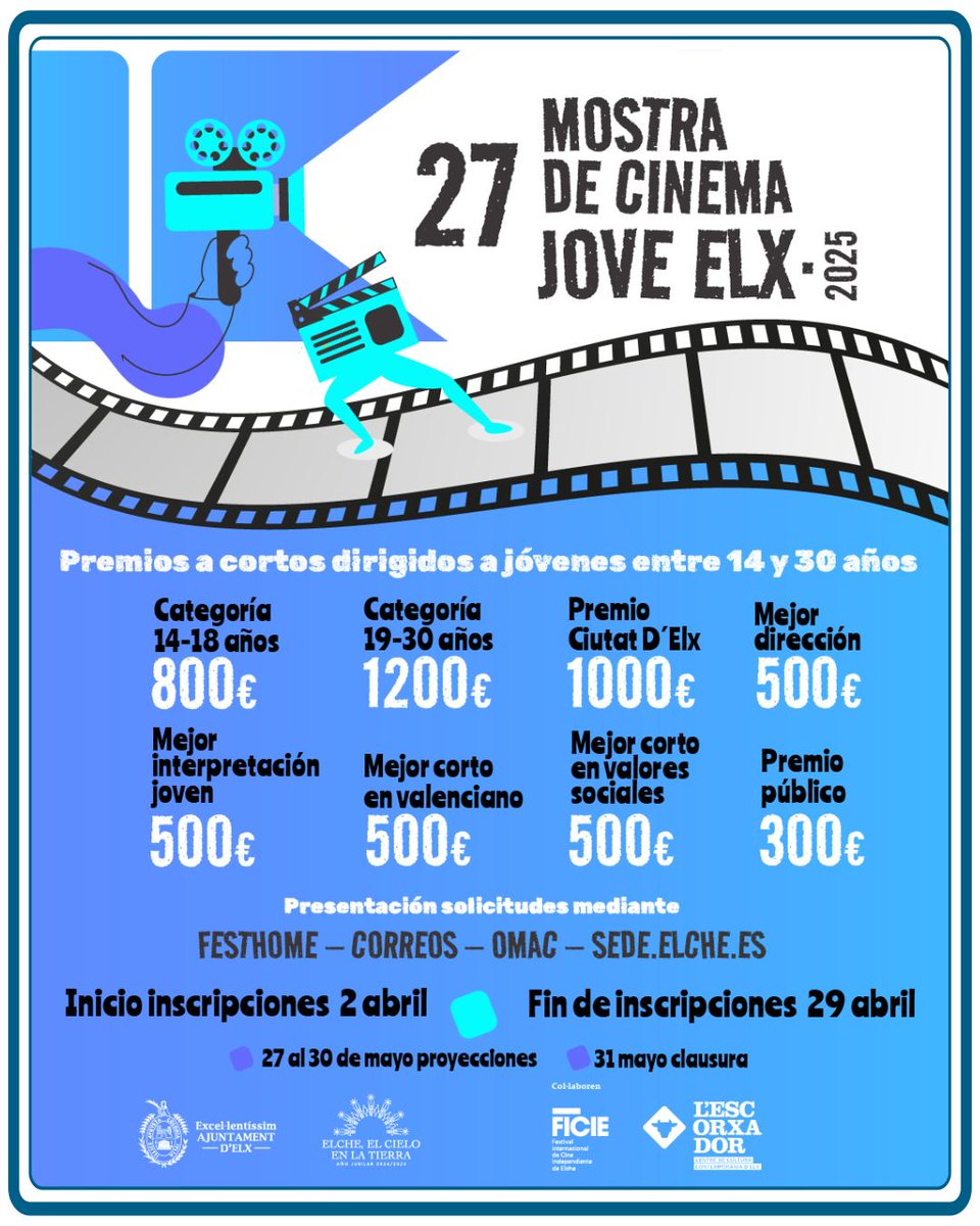 📷 ¡Atención, cineastas! 📷
¡Abierto el plazo de inscripción para la 27ª Mostra de Cinema Jove de Elche! 
📷Consulta las bases y más detalles aquí: bit.ly/42qY0XX