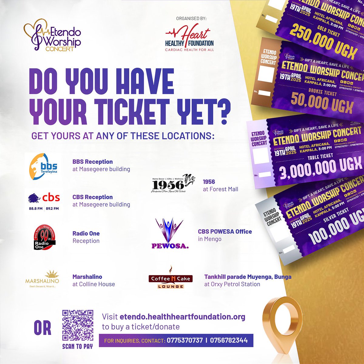 Get Your Ticket Today! 🎟️✨
Don’t miss the Etendo Worship Concert on April 19, 2025, at Hotel Africana, Kampala! Secure your ticket at any of the listed locations or visit etendo.healthheartfoundation.org to buy online.
Gift a Heart, Save a Life! ❤️
For inquiries: 0775370737 | 0756782344