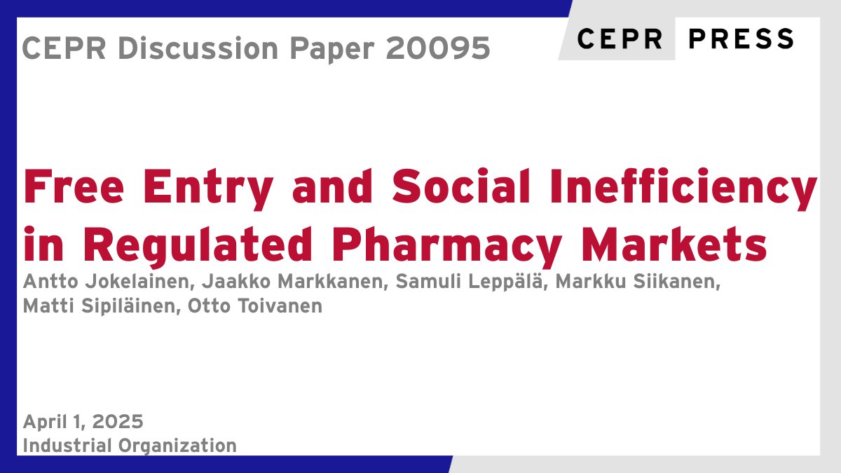 CEPR (@cepr_org) on Twitter photo New CEPR DP20095
Free Entry and Social Inefficiency in Regulated Pharmacy Markets
A Jokelainen & O Toivanen <a href="/AaltoUniversity/">Aalto University</a> <a href="/HelsinkiGSE/">Helsinki GSE</a>, <a href="/JaakkoMarkkanen/">Jaakko Markkanen</a>, S Leppälä & M Sipiläinen (FCCA), M Siikanen <a href="/VATT_research/">VATT Institute for Economic Research</a> <a href="/HelsinkiGSE/">Helsinki GSE</a>
ow.ly/Gyg650Vs85l
#CEPR_IO #EconTwitter New CEPR DP20095
Free Entry and Social Inefficiency in Regulated Pharmacy Markets
A Jokelainen & O Toivanen <a href="/AaltoUniversity/">Aalto University</a> <a href="/HelsinkiGSE/">Helsinki GSE</a>, <a href="/JaakkoMarkkanen/">Jaakko Markkanen</a>, S Leppälä & M Sipiläinen (FCCA), M Siikanen <a href="/VATT_research/">VATT Institute for Economic Research</a> <a href="/HelsinkiGSE/">Helsinki GSE</a>
ow.ly/Gyg650Vs85l
#CEPR_IO #EconTwitter