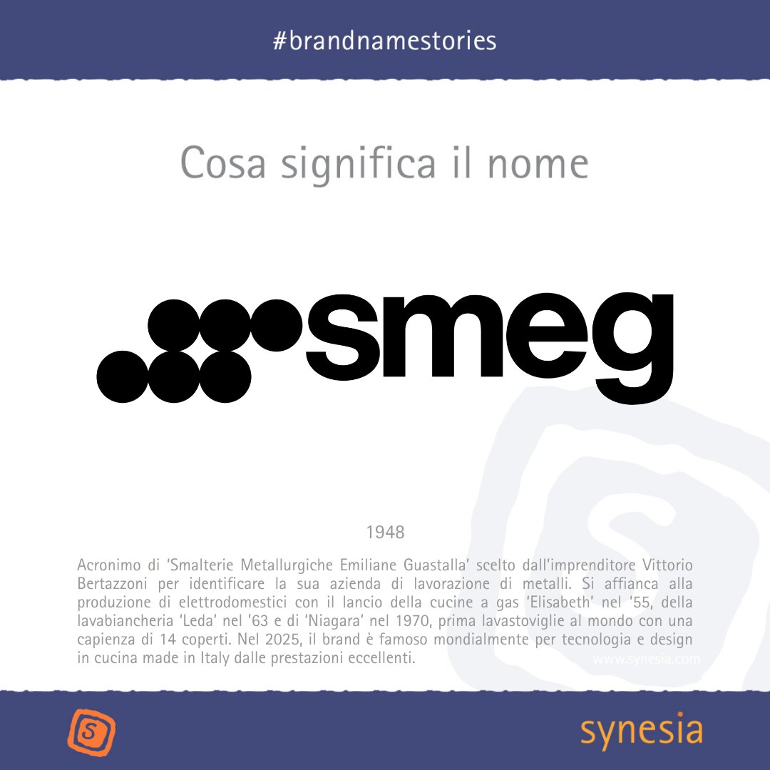Il nome è scelto nel 1948 da Vittorio Bertazzoni ed è l'acronimo di ‘Smalterie Metallurgiche Emiliane Guastalla’. Inizialmente identifica un’azienda dedicata alla lavorazione dei metalli, che poi evolve nel settore degli elettrodomestici.
#brandnamestories #brandnaming #design
