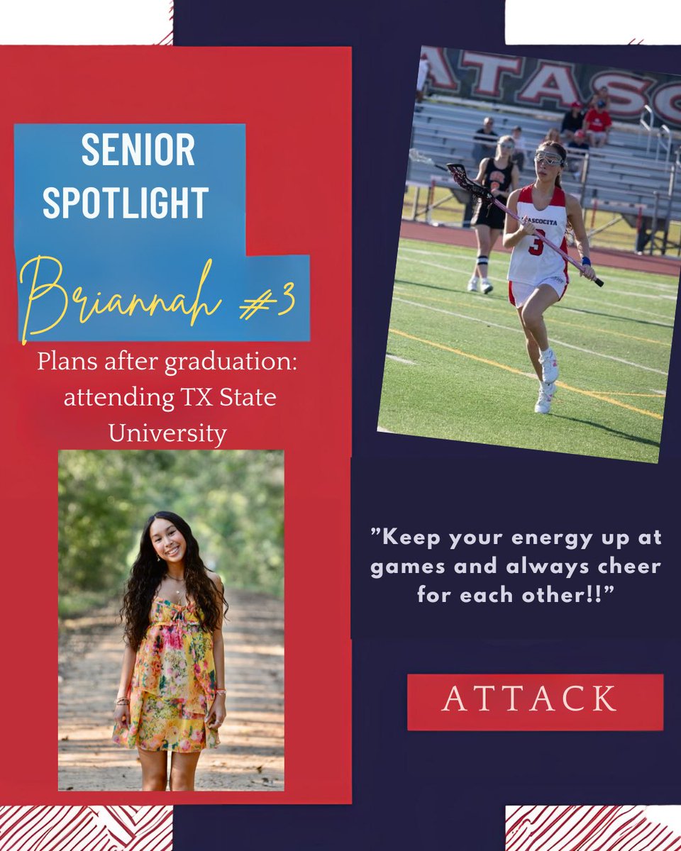 Atascocita Ladies Lacrosse (@atascoladieslax) on Twitter photo 🌟SENIOR SPOTLIGHT🌟#3 Briannah aka BB is a 3rd year player. In the fall she will head to TX State University.
Her favorite memory is being apart of the legacy team.
We wish you the best of luck BB!! <a href="/HumbleISD_AHS/">The Atascocita HS</a> 🌟SENIOR SPOTLIGHT🌟#3 Briannah aka BB is a 3rd year player. In the fall she will head to TX State University.
Her favorite memory is being apart of the legacy team.
We wish you the best of luck BB!! <a href="/HumbleISD_AHS/">The Atascocita HS</a>