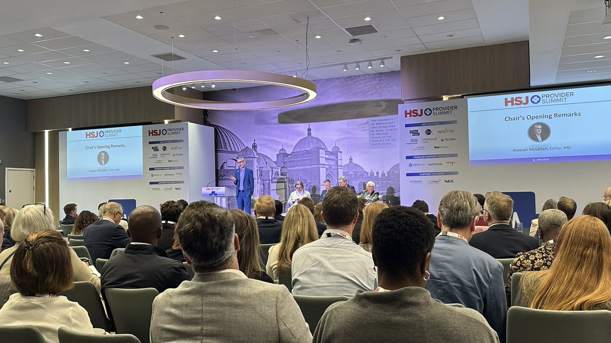 .<a href="/HSJEditor/">Alastair McLellan</a> addressing a room full of NHS leaders at the #HSJProvider Summit with facts about satisfaction levels within the NHS.