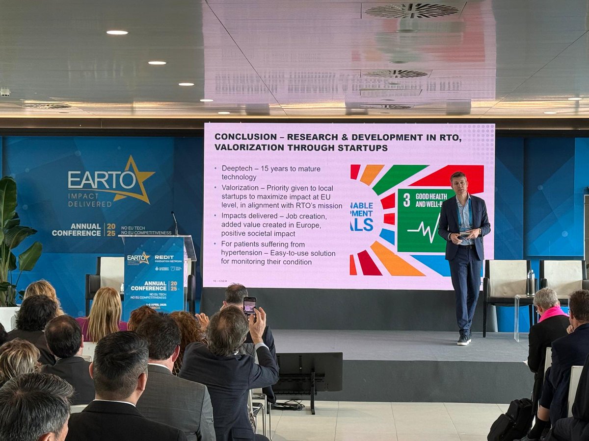 🗣️ Exciting case study on optical blood pressure measurement from Alexandre Pauchard, CEO of CSEM, today at #EARTOAC2025 🌍🔬

"RTOs are not simply transferring science resources to industry, they also support it in different ways.”

#RDI #Innovation 

#RTOs #Competitiveness