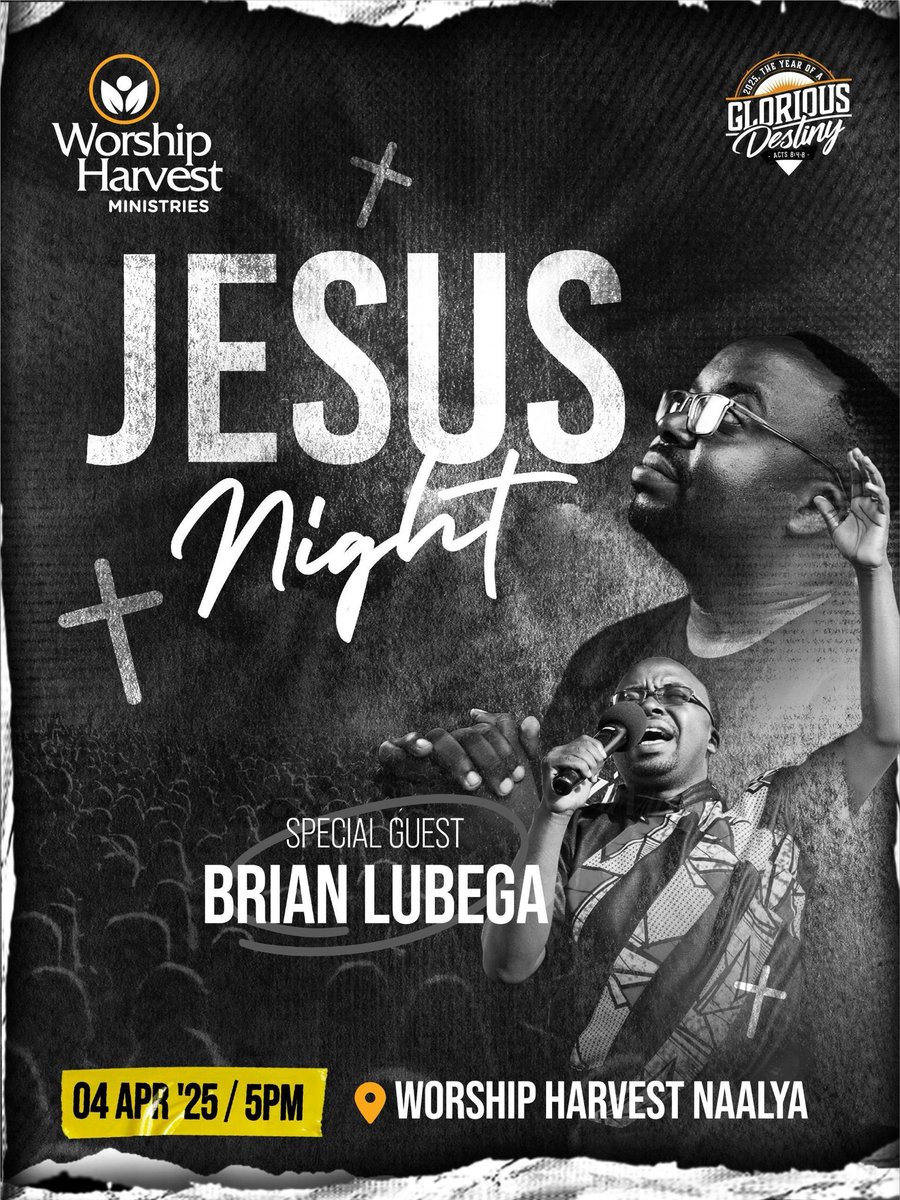 Get ready for an unforgettable experience in the Presence of God. Jesus Night is here featuring Special Guest Artiste, Brian Lubega - you won't want to miss this.

04/04/2025 
Worship Harvest Naalya 
#JesusNight 
#4thApril
