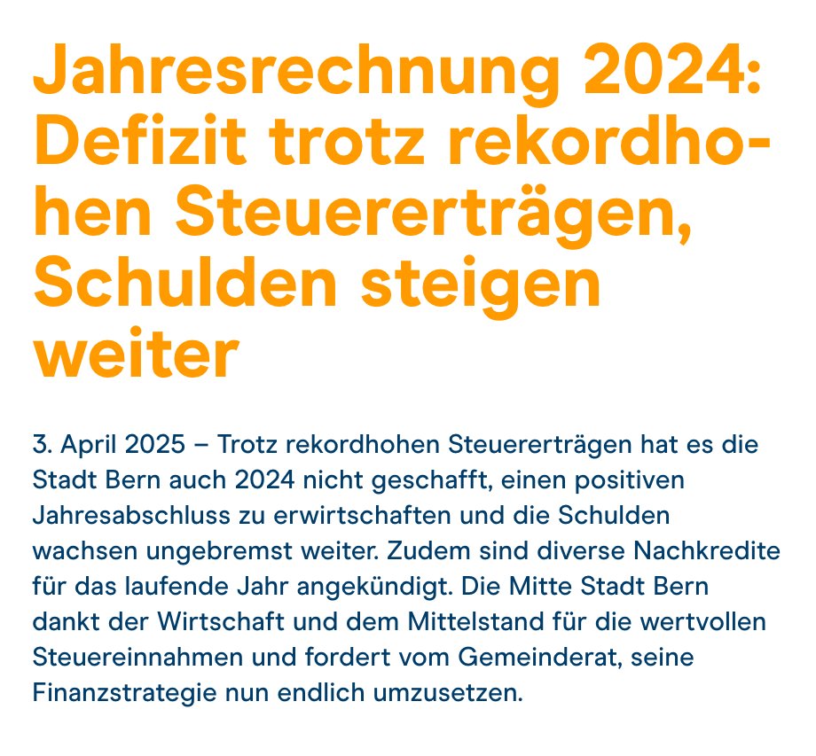 Nach mehreren Jahren des “Schein-Gewinns” in der Jahresrechnung ist die Rechnung der Stadt Bern nun wieder, was sie auch ist: rot! 
#Jahresrechnung2024
➡️bern.die-mitte.ch/jahresrechnung…