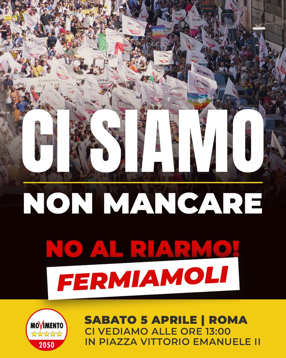 📣  CI SIAMO! 

Ci vediamo tra pochissimo, alle ore 13.00 in Piazza Vittorio Emanuele II. Da lì proseguiremo poi in corteo fino al palco finale in Via dei Fori Imperiali.  
Diciamo NO al riarmo! 

#Fermiamoli