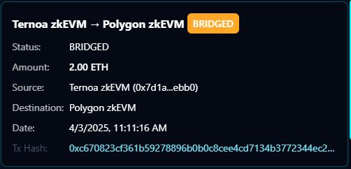 TheKudurru's tweet photo. @Ternoa_ @Agglayer Bridged 2 Matic, it shows 2 ETH for some reason, probably an easy fix. Would be cool to have a similar timer like polygon where you can see how much time till bridge is done. https://t.co/rEt9RchdWs
