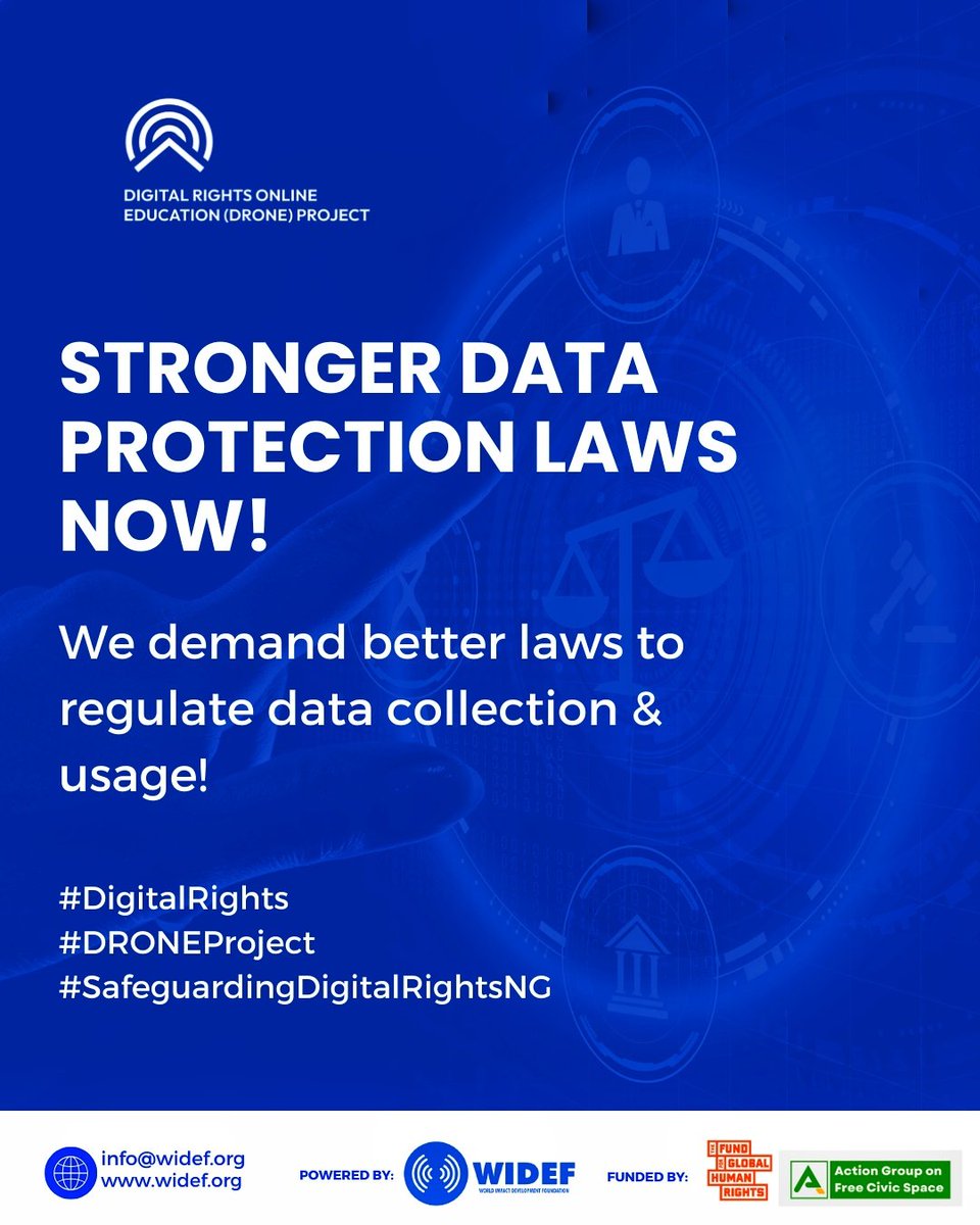 wideflive's tweet image. Stronger Data Protection Laws Now! 

We demand better laws to regulate data collection &amp;amp; usage! 

#DigitalRights
#DataPrivacy 
#DRONEProject 
#SafeguardingDigitalRightsNG