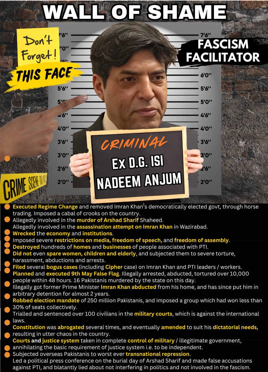 اس تھریڈ میں آپ کو تحریک انصاف کے جاری کئے گئے “وال آف شیم” کے وہ تمام گرافکس مل جائیں گے جس میں فسطائیت ، ظلم و جبر کا پہاڑ توڑنے والے اور ان سے یہ جرائم کروانے والے قومی مجرم شامل ہیں.
آپ کو معلوم ہے ان گرافکس کا اب کیا کرنا ہے…

عوام کا مطالبہ ہے کہ مناسب وقت پہ ملٹری کے حاضر