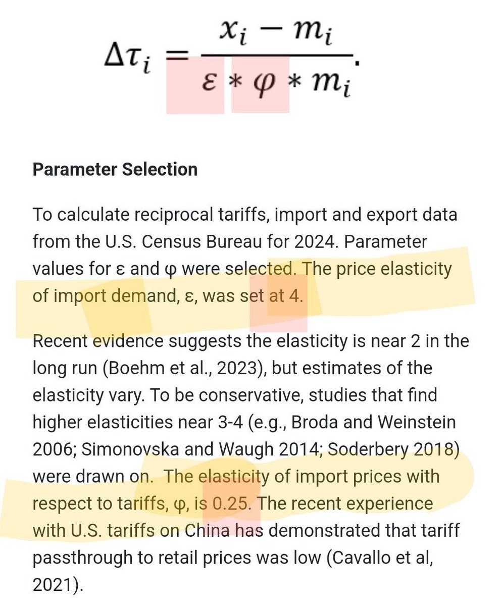 andreibratucu's tweet photo. Ca să înțelegeți cum au calculat ei ce au numit tarifele altor țări.

Trump anunță ca UE de exemplu aplică un tarif de 38% Statelor Unite. Lumea se întreabă de unde a luat acel 38%.

Formula folosită este
 delta T= (import-export) / elasticitatea prețului cererii de import * elasticitatea prețului de import în raport cu tarifele * import

Dar elasticitatea prețului cererii de import au convenit sa fie 4
In timp ce elasticitatea prețului de import în raport cu tarifele au setat-o la 0.25. Sau 1/4.

4*1/4=???

Rezulta de aici ca ceea ce ei considera a fi tariful pe care tarile îl exercita asupra US este calculat simplu

Deficit/Import

Am luat cazul UE

Deficit US $235.6 miliarde
Import US $605.8 miliarde

Aplicând formula de mai sus
235.6 / 605.8 = 0.388

Asa că ei au stabilit că UE tarifeaza cu 38% SUA și au încercat să fie drăguți cu un tarif (care e pe bune tarif) de 20%.

Formula poate fi verificata pentru toate tarile cu care SUA are un deficit comercial.

Iar pentru restul 10%.

China ajunge astfel sa fie supusa unui tarif de 54% pentru ca americanii au preferat sa producă acolo și sa importe pentru o forță de muncă ieftină. Sa vedem cum decurge aceasta situație dacă rămâne asa.

Dar e de noaptea mintii.