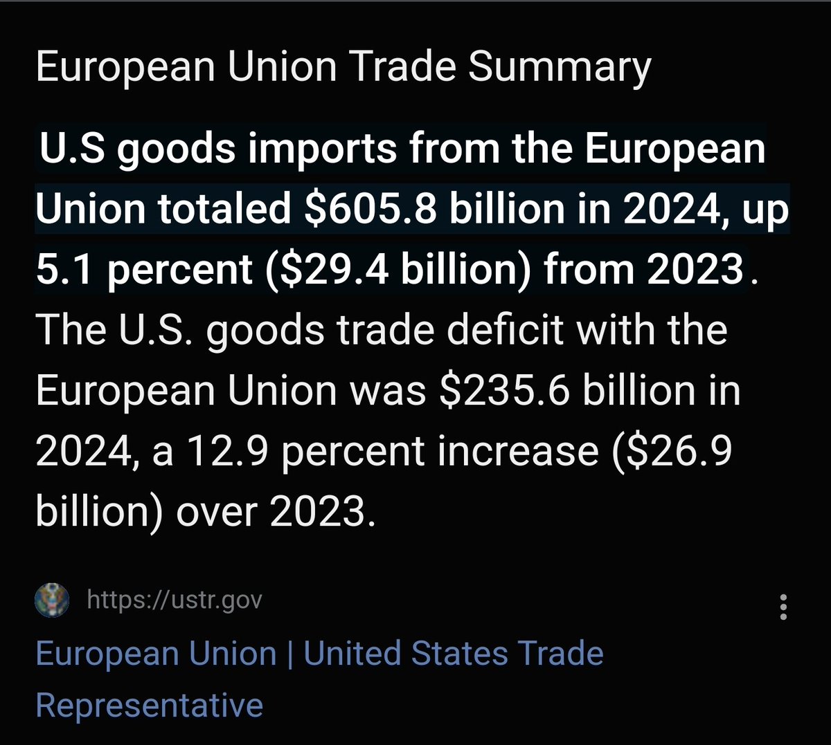 andreibratucu's tweet photo. Ca să înțelegeți cum au calculat ei ce au numit tarifele altor țări.

Trump anunță ca UE de exemplu aplică un tarif de 38% Statelor Unite. Lumea se întreabă de unde a luat acel 38%.

Formula folosită este
 delta T= (import-export) / elasticitatea prețului cererii de import * elasticitatea prețului de import în raport cu tarifele * import

Dar elasticitatea prețului cererii de import au convenit sa fie 4
In timp ce elasticitatea prețului de import în raport cu tarifele au setat-o la 0.25. Sau 1/4.

4*1/4=???

Rezulta de aici ca ceea ce ei considera a fi tariful pe care tarile îl exercita asupra US este calculat simplu

Deficit/Import

Am luat cazul UE

Deficit US $235.6 miliarde
Import US $605.8 miliarde

Aplicând formula de mai sus
235.6 / 605.8 = 0.388

Asa că ei au stabilit că UE tarifeaza cu 38% SUA și au încercat să fie drăguți cu un tarif (care e pe bune tarif) de 20%.

Formula poate fi verificata pentru toate tarile cu care SUA are un deficit comercial.

Iar pentru restul 10%.

China ajunge astfel sa fie supusa unui tarif de 54% pentru ca americanii au preferat sa producă acolo și sa importe pentru o forță de muncă ieftină. Sa vedem cum decurge aceasta situație dacă rămâne asa.

Dar e de noaptea mintii.