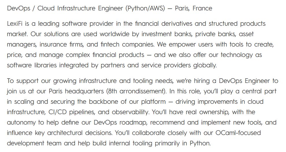 🐍 + ☁️ + 🐫= ❤️?

We’re hiring a DevOps / Cloud Infra Engineer (Python/AWS) at LexiFi (Paris)!

You’ll automate things, wrangle AWS, tame Jenkins — and work with friendly OCaml devs who’ll only bring up GADTs if you ask nicely.

Details 👉lexifi.com/careers/devops…