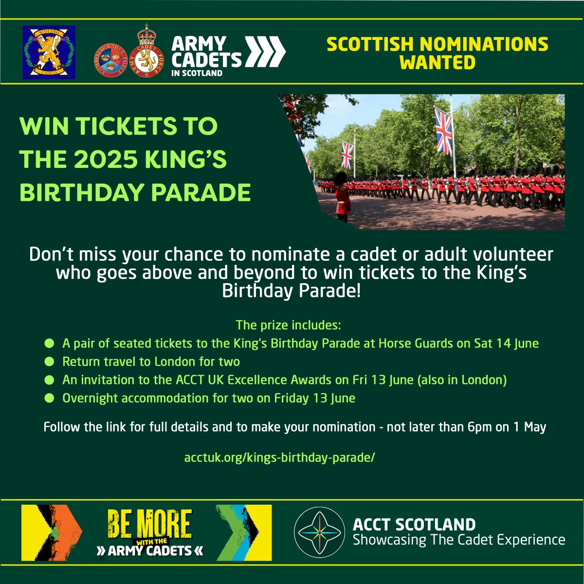 Army Cadets in Scotland (@armycadetsscot) on Twitter photo Win tickets to the King’s Birthday Parade
Follow the link for full details and to make your nomination - not later than 6pm on 1 May
acctuk.org/kings-birthday…
#ArmyCadetsScot Win tickets to the King’s Birthday Parade
Follow the link for full details and to make your nomination - not later than 6pm on 1 May
acctuk.org/kings-birthday…
#ArmyCadetsScot
