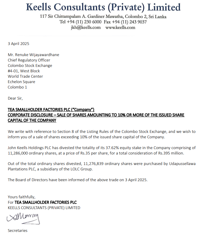 Channa_Amare's tweet image. #LOLC group's tea plantation #UDPL is the buyer of #JKH's 38% stake in #TSML today

A mandatory offer will be forthcoming at Rs35 per share

Kudos to #JKH and #UDPL for the immediate disclosure made during trading hours on the day of the trade itself 👏

#CSE #lka