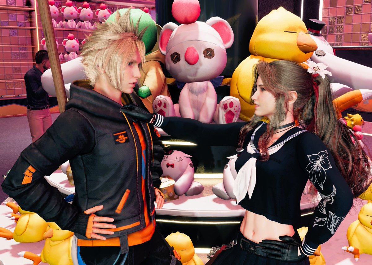 "Hey freshie, tell me which one you want, I'll steal it for you."😝

Cloud and Aerith go on a date at the Gold Saucer (during class hours). 
#clerith