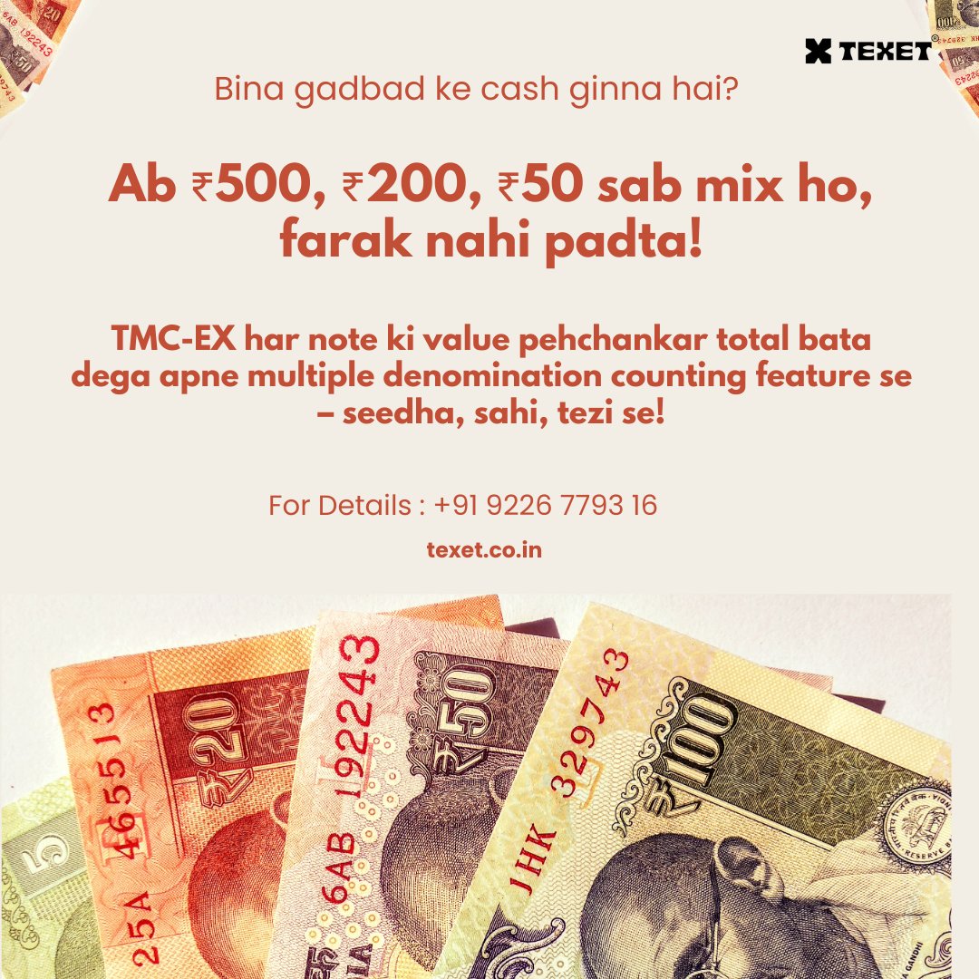 texetinfo's tweet image. 💡 Mixed Notes? No Problem! 💵
₹500, ₹200, ₹50 sab mix ho, farak nahi padta!TMC-EX ke multiple denomination counting feature ke saath, cash ginna ab bina gadbad ke – Seedha, Sahi, Tezi Se!
📞Call Now: +91 9226 7793 16
#SmartCounting #CashManagement #BusinessHacks #NoMoreMixUp