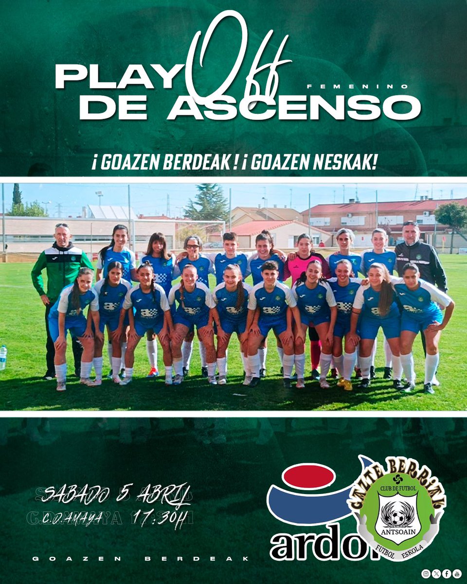Gazte Berriak C.F (@gazteberriakfut) on Twitter photo Este Sรกbado nuestro femenino juega su partido de ๐๐ฅ๐๐ฒ ๐๐๐ ๐๐ ๐๐ฌ๐๐๐ง๐ฌ๐จ tras una magnรญfica temporada.
Se enfrentarรก al @ardoifutbol a las 17:30h en las Instalaciones Deportivas del C.D.Amaya.
ยกA poner la guinda a la temporada, Vamos verdes, goazen neskak!๐ฉ Este Sรกbado nuestro femenino juega su partido de ๐๐ฅ๐๐ฒ ๐๐๐ ๐๐ ๐๐ฌ๐๐๐ง๐ฌ๐จ tras una magnรญfica temporada.
Se enfrentarรก al @ardoifutbol a las 17:30h en las Instalaciones Deportivas del C.D.Amaya.
ยกA poner la guinda a la temporada, Vamos verdes, goazen neskak!๐ฉ