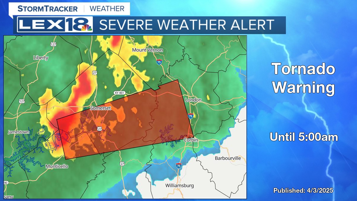 Tornado Warning for Laurel, Pulaski, and Whitley County in KY until 5:00am. Stay weather aware with LEX18 #kywx