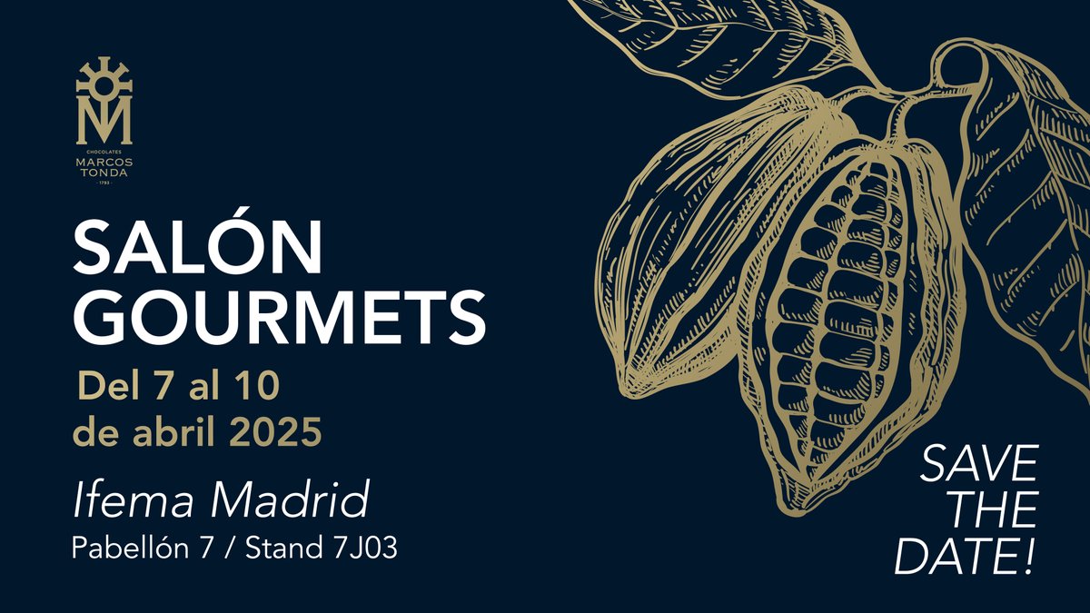 ¡Este año, Chocolates Marcos Tonda estará en el Salón Gourmets 2025! 🍫✨

Del 7 al 10 de abril, visítanos en el Pabellón 7, Stand 7J03 en IFEMA y disfruta de catas, eventos especiales y sorpresas con Agatha Ruiz de la Prada, Carmencita y La Virgen 1793. ¡No te lo pierdas!