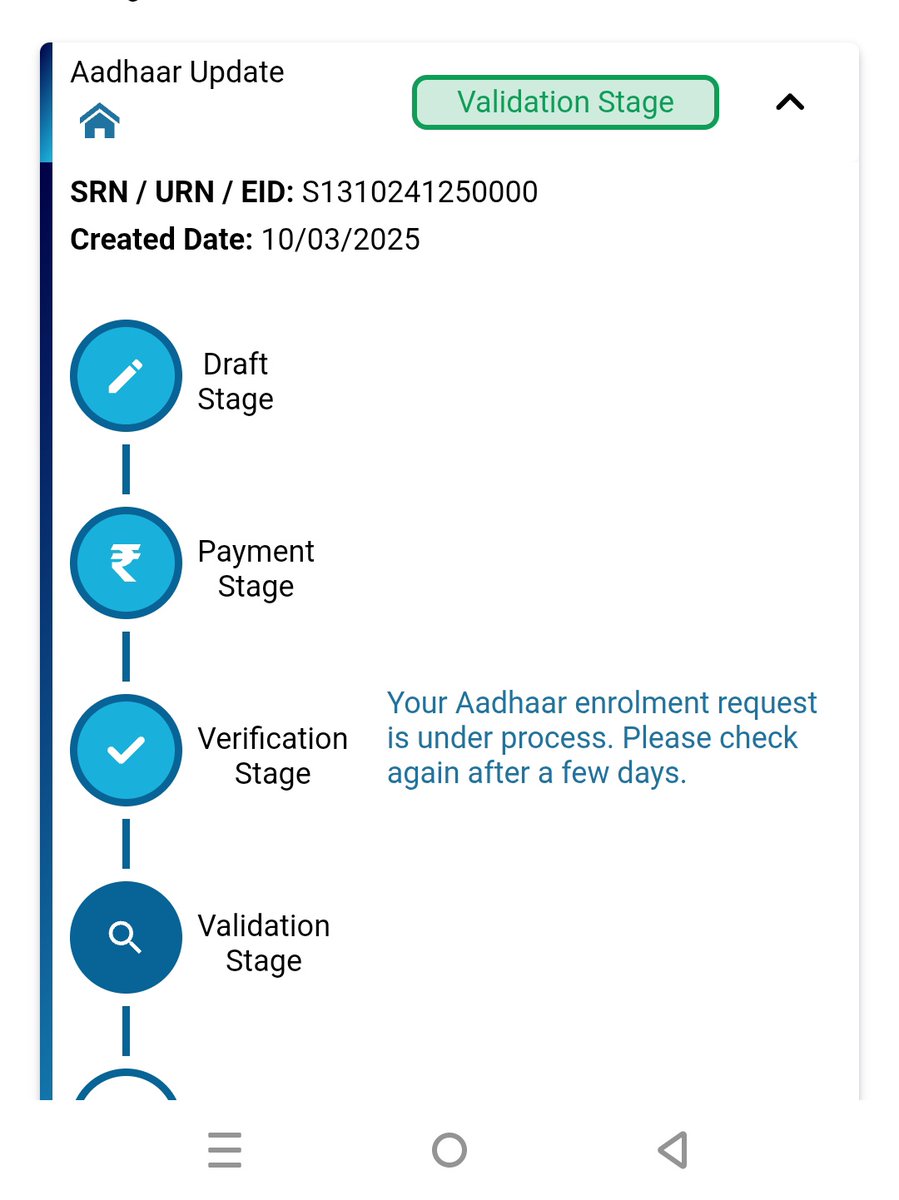 ANKIT_243's tweet photo. I have applied for updation of Demographics data in UIDAI portal on 10th March 2025 but it is still in validation stage 
@UIDAI please release tha adhar as it is very much necessary, it is taking a very long time 
@ceo_uidai @CMO_Odisha @PMOIndia

SRN / URN / EID: S1310241250000 https://t.co/TpasaFnAiK