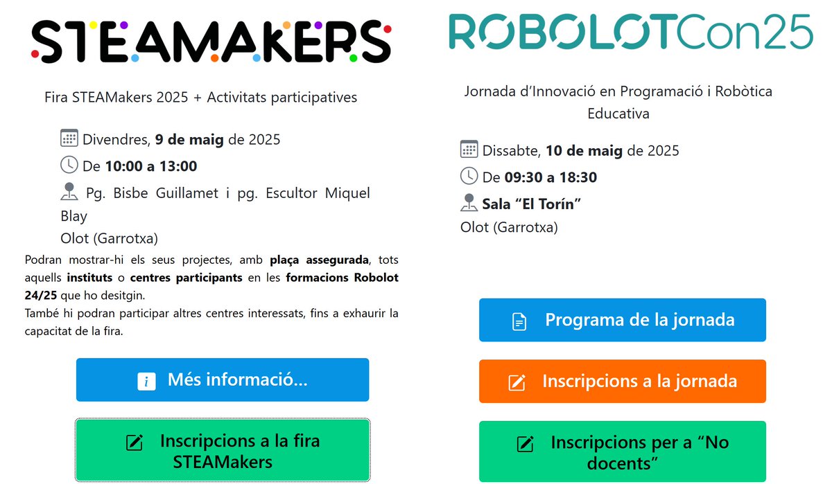 ROBOLOT's tweet image. Quan🤔?
🗓️9- Maig  #Fira_STEAMakers -Fira de projectes
🗓️10-Maig #RobolotCon2025 - Jornada Innovació en programació i Robòtica educatives
On 🤔? A @Olotuit 
📝INSCRIPCIONS OBERTES👇👇
🔗som.robolot.online/robolot-2025/
@ROBOLOT @cesirecat @iceudg @ICEURV @ICEUPC