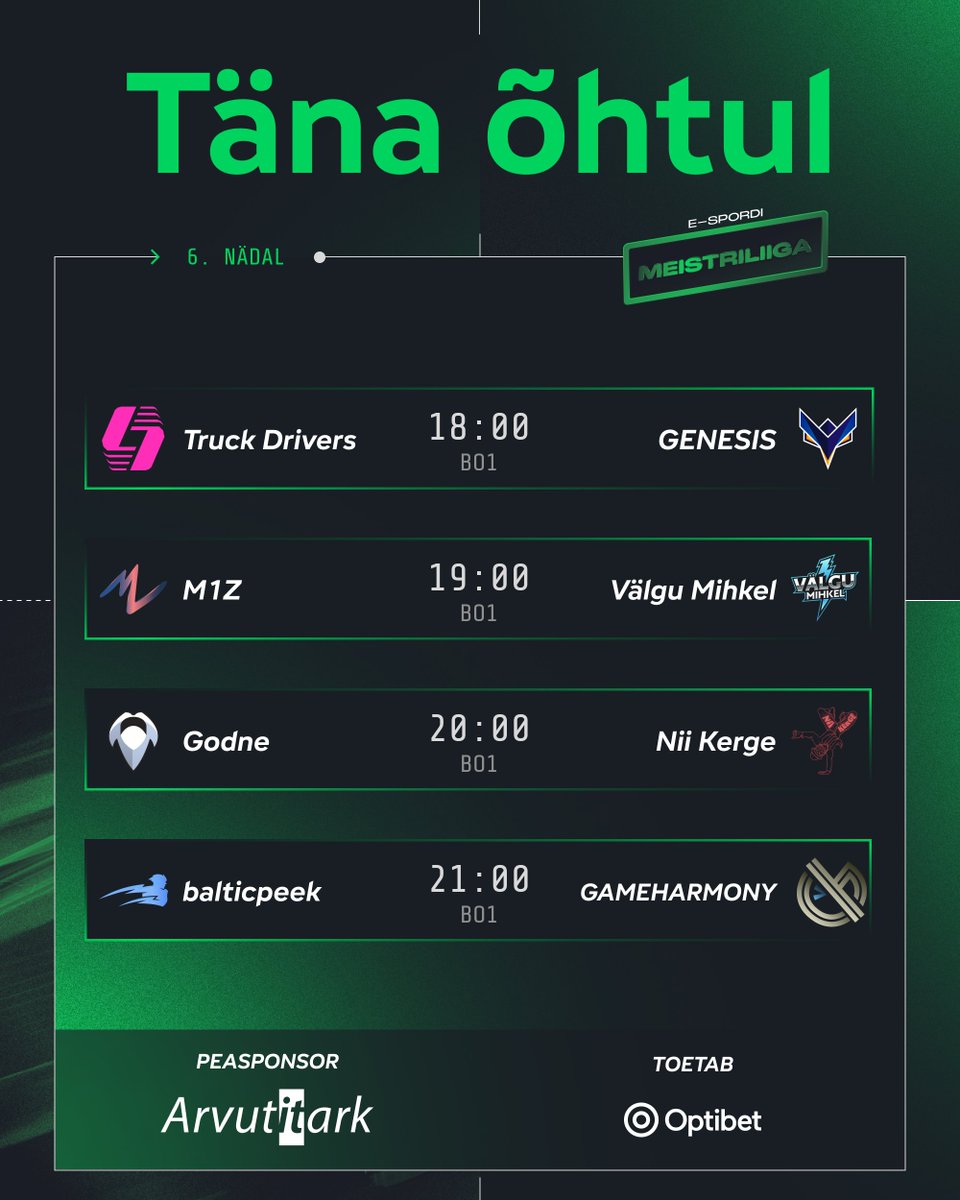 Käes on põhihooaja eelviimane voor – tulge meie otseülekannet vaatama! 😊

🟢18:00 🇪🇪#TruckDrivers vs #GENESIS🇪🇪
🟢19:00 🇪🇪#M1Z vs #VälguMihkel🇪🇪
🟢20:00 🇪🇪#Godne vs #NiiKerge🇪🇪
🟢21:00 🇪🇪#balticpeek vs #GAMEHARMONY🇪🇪