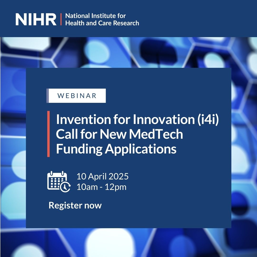 Our next Invention for Innovation - Product Development Awards opens on 9 April 2025!

Sign up to our webinar on 10 April, 10am - 12pm to find out more about this #fundingopportunity ➡️ nihr.ac.uk/funding/produc…