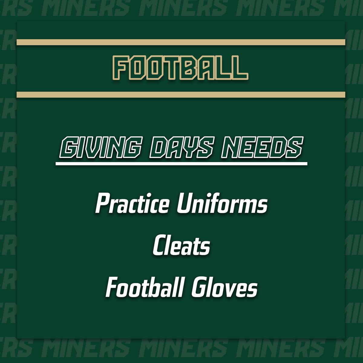 7 DAYS TO THE MINUTE UNTIL GIVING DAYS BEGINS!!!

Here are our team needs for this year's 1,870 Minutes for Miners. You can donate at givecampus.com/schools/Missou…

#minerpride