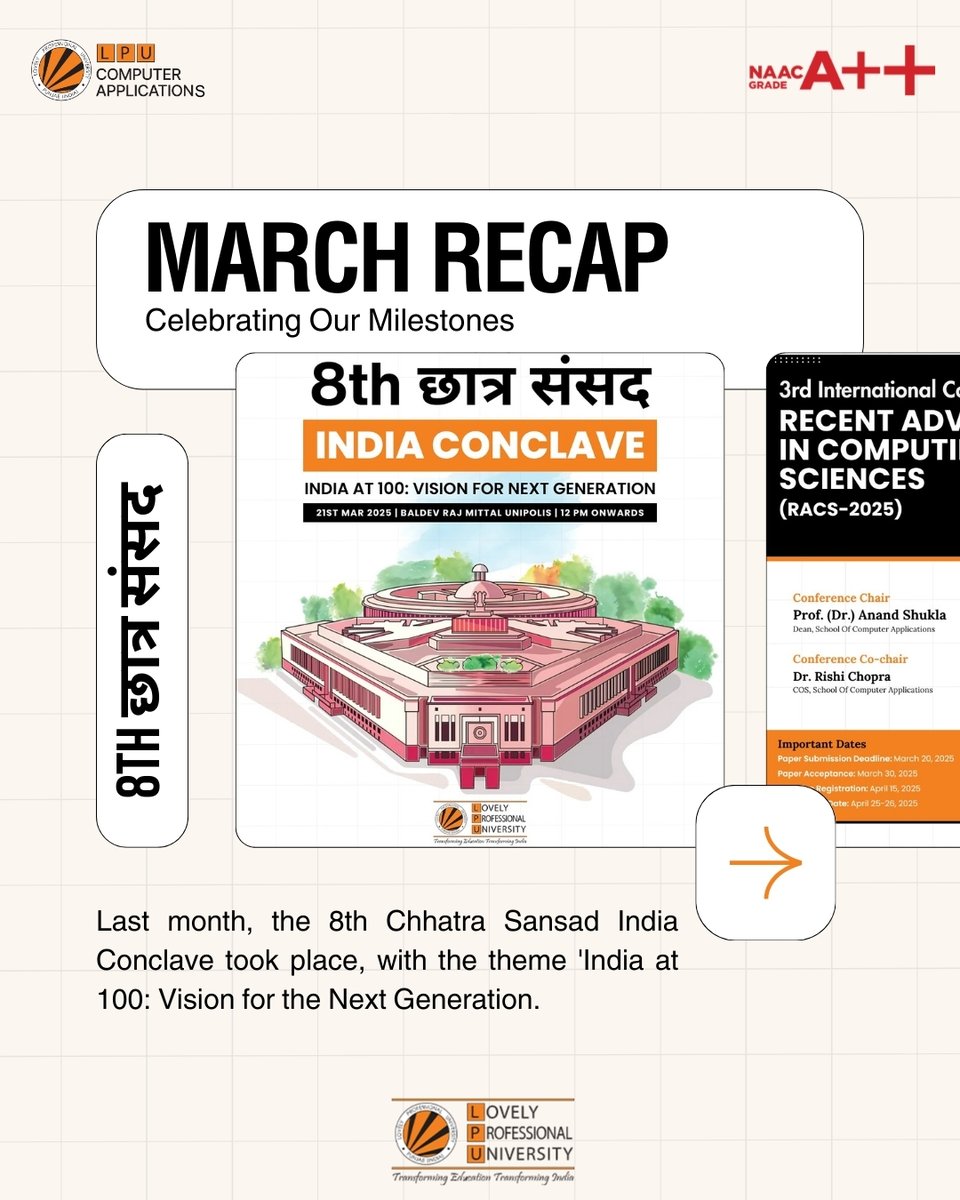 LPUComputerApp's tweet image. Celebrating our milestones!!!

@lpuuniversity 
#marchrecap #lpuuniversity #thinkbig #sca_lpu #computerapplications #atheleticmeet #guestlecture #alumnihomecoming #interactionsession #studentachievements #topuniversity #lpufamily #admissionopen2025