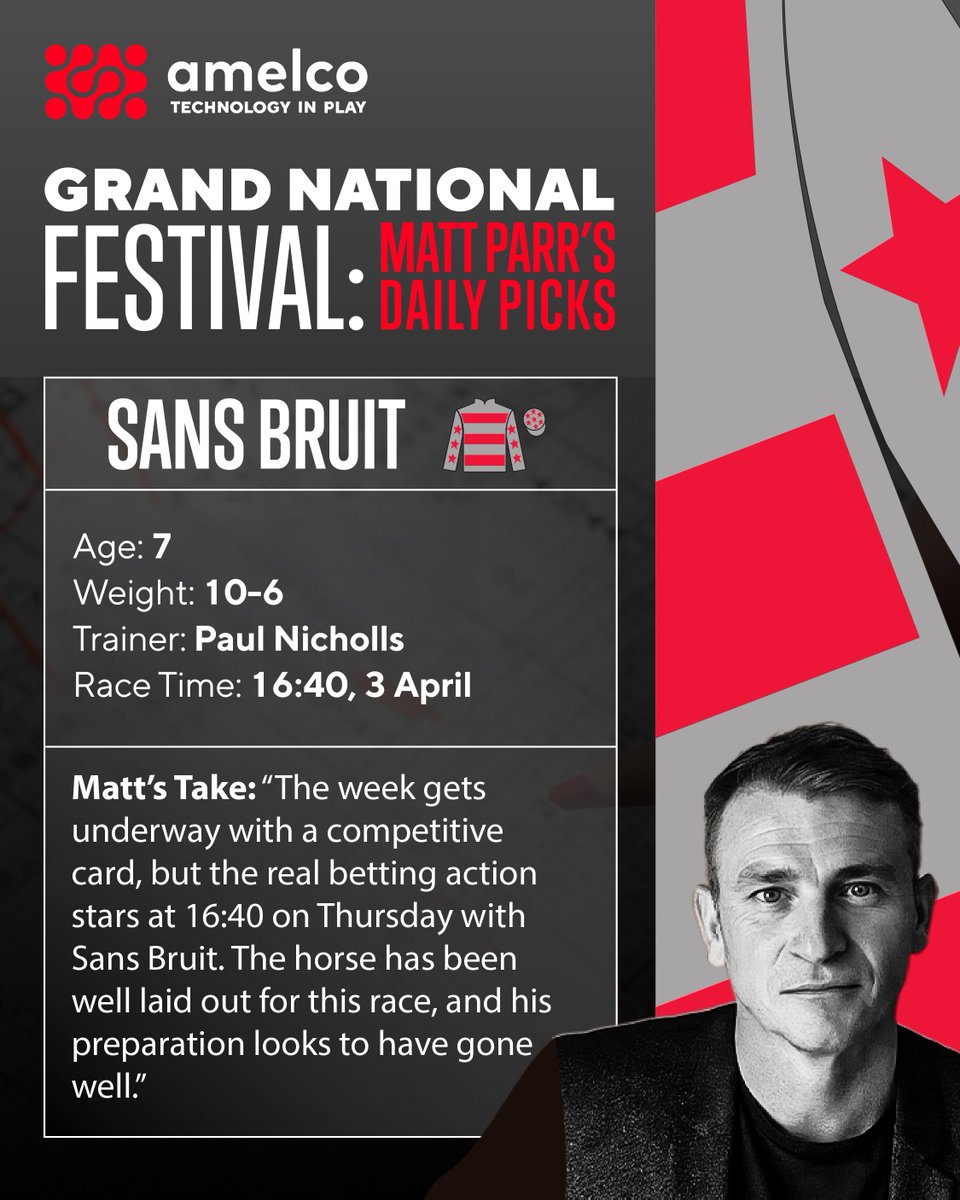 Day 1 begins at Aintree! 🏇

To get in the mood, our Head of Horse Racing Matt Parr will be picking his runners to watch from the three-day festival. 👀

For day 1, it’s Paul Nicholls’ Sans Bruit in the 16:40 that has caught his attention. 🏆

Check out Matt’s take below. 👇
