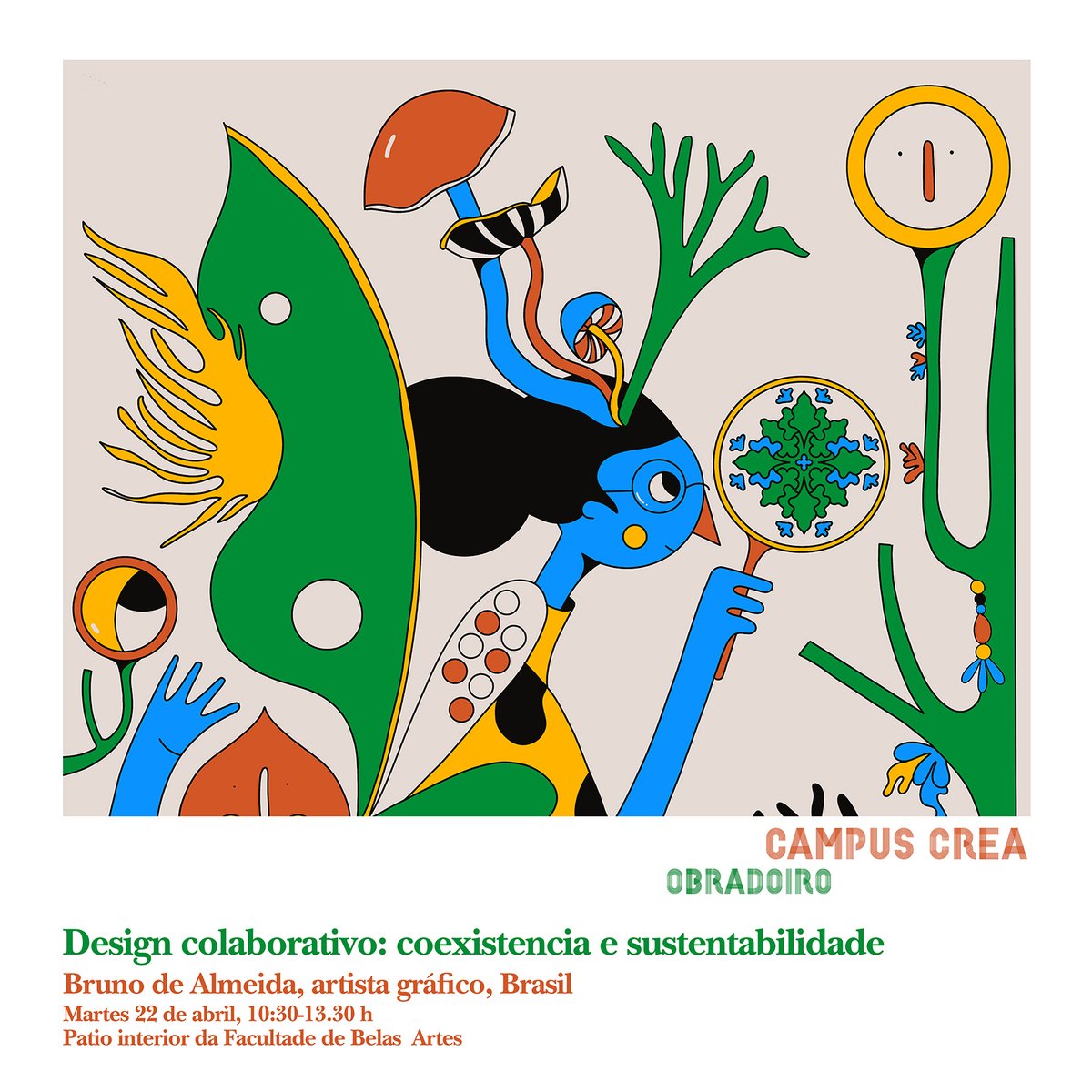 Dentro da  #SemanaCREA2025, ofertamos este obradoiro con Bruno de Almeida, artista gráfico brasileiro. Este ano a súa obra foi seleccionada para ilustrar a Feira do libro infantil e xuvenil de Bologna.
➡️Inscricións en xes.crea@uvigo.gal
  A non perder!!