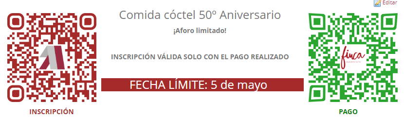 El 1⃣2⃣ de mayo🌸, día del 50 cumpleaños Arrixaca, se ha organizado una gran comida y tardeo para todos los trabajadores que están y hayan pasado por nuestro hospital.  📍Finca Buenavista

Inscríbete cuanto antes a esta gran fiesta!
✅La inscripción SOLO es efectiva tras el pago