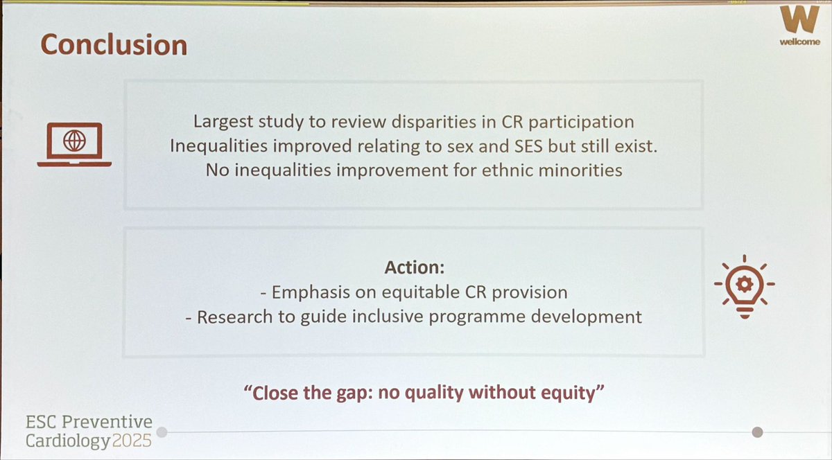 Dr. Martha Gulati ♥️🫀❤️🩹🇨🇦 (@drmarthagulati) on Twitter photo Now we are speaking about my favorite topic of #cardiacrehab #ESCPrev2025 
 Dr. Joanne McAllister kicks the discussions off
✨SES& CR uptake examined in a national audit: 55% started CR
✨women & low SES less likely to start or complete but ⤵️ with time 
✨ no change by ethnicity Now we are speaking about my favorite topic of #cardiacrehab #ESCPrev2025 
 Dr. Joanne McAllister kicks the discussions off
✨SES& CR uptake examined in a national audit: 55% started CR
✨women & low SES less likely to start or complete but ⤵️ with time 
✨ no change by ethnicity