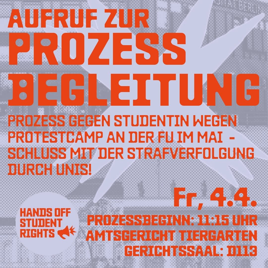 BerlinDemo's tweet photo. 💥Ankündigung! Freitag 04.04.2025💥
🔥AUFRUF ZUR SOLIDARISCHEN PROZESSBEGLEITUNG🔥
Freitag, 04.04.2025 | 11:15 Uhr | Turmstraße 91, Saal D113, 10559 Berlin
📣 Aufruf: https://t.co/poPZ5OEz0o
#b0403 #handsoffstudentrights
1/2 https://t.co/2obHnAPIeV