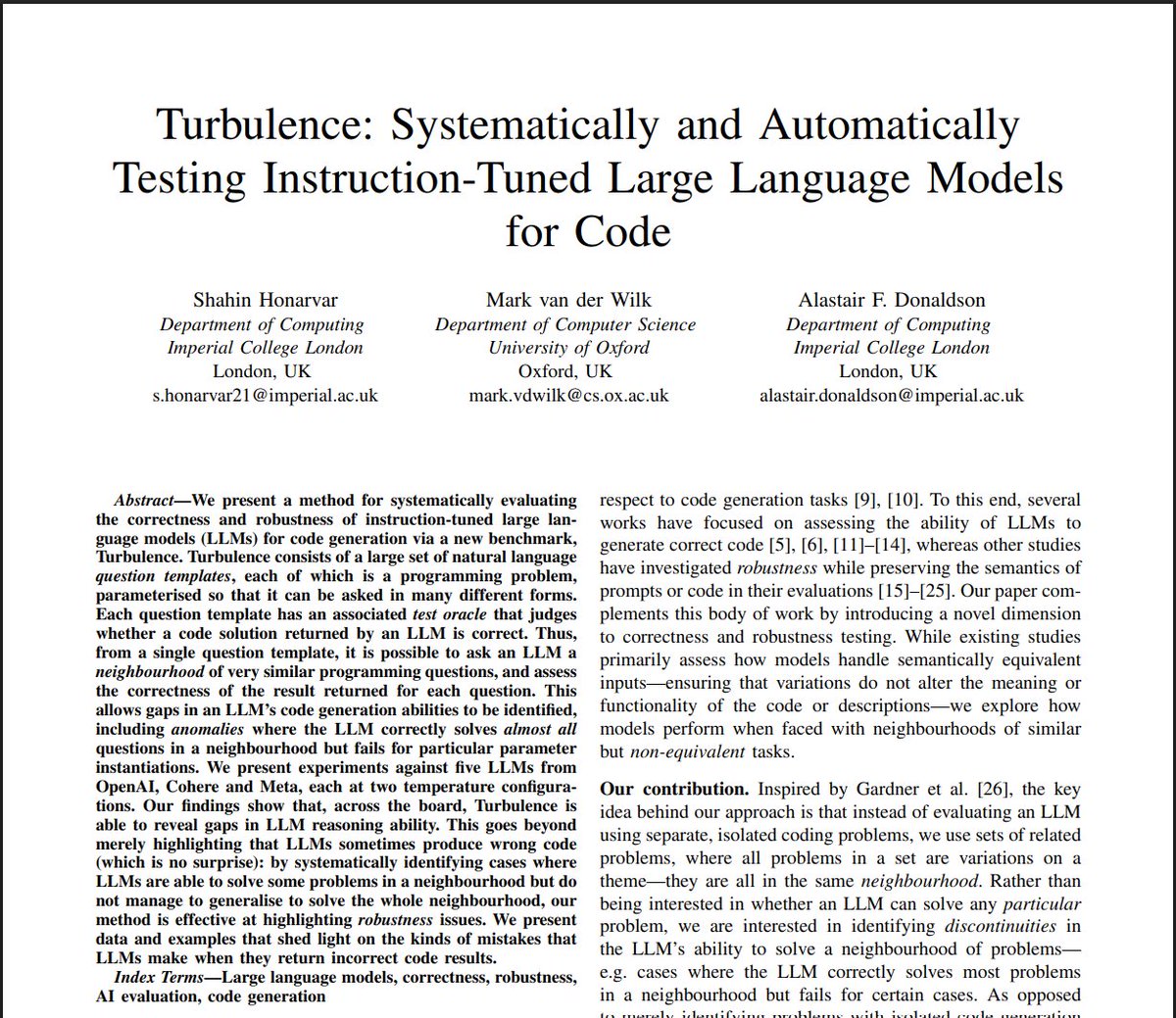 Shahin Honarvar is about to present our work on benchmarking the codegen capabilities of LLMs at <a href="/icstconference/">ICST</a>, via our Turbulence project. Check out the paper!

doc.ic.ac.uk/~afd/papers/20…