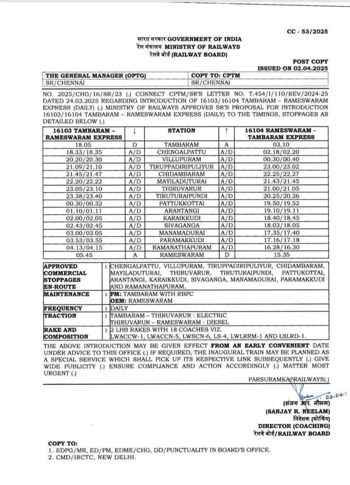 New Train service 🚂 via Mayiladuthurai
RMM 🔁 TBM via MV 

#Mayiladuthurai 
#Southernrailway
 <a href="/GMSRailway/">Southern Railway</a> 
<a href="/AshwiniVaishnaw/">Ashwini Vaishnaw</a>