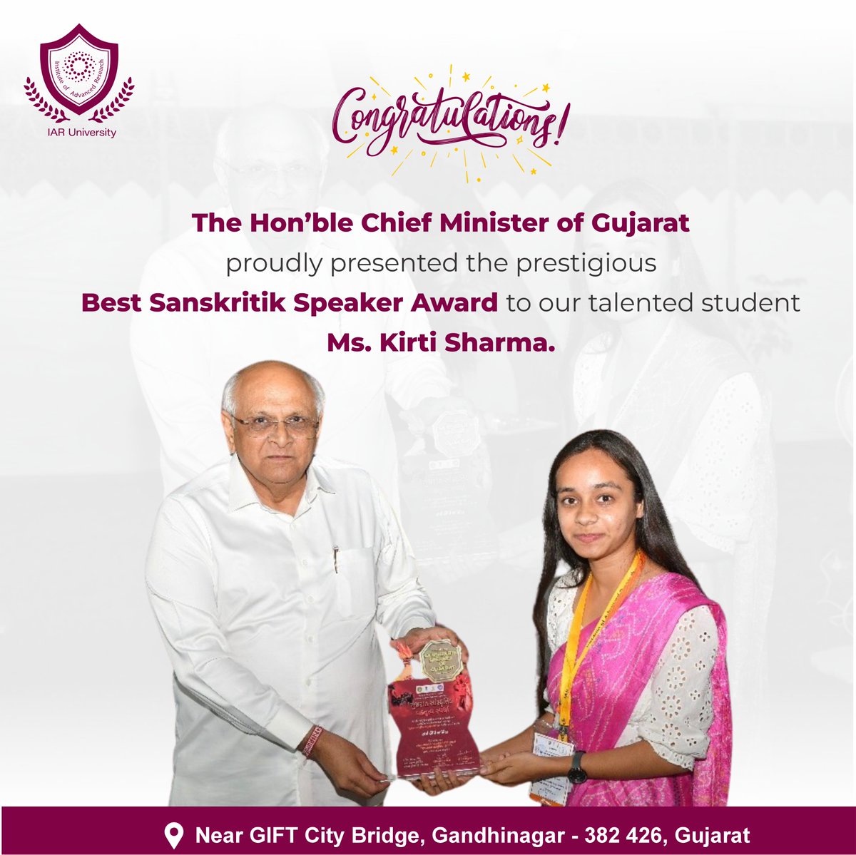 iaruniversity's tweet photo. " Proud moment for IAR University! 
Ms. Kirti Sharma wins Best Sanskritik Speaker Award from Gujarat’s Hon’ble CM! 
Her eloquence &amp; passion for India’s cultural heritage shine bright. 
Congrats, Kirti—an inspiration! 
#CulturalExcellence #OratoryStar # https://t.co/dIcty6r7Yb