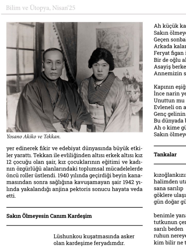 İnan Öner (イナン・オネル) (@inanoner) on Twitter photo Japon şair Yosano Akiko’nun (1878-1942) “Sakın Ölmeyesin Canım Kardeşim” şiirini ve dört tanka’sını Türkçe’ye çevirdim. Çevirilerim Bilim ve Ütopya Nisan sayısında yayınlandı. Yaptığım çevirilerin edebiyat okurumuzun dağarcığına katkı sağlamasını diliyorum. <a href="/bilimveutopya/">Bilim ve Ütopya</a> Japon şair Yosano Akiko’nun (1878-1942) “Sakın Ölmeyesin Canım Kardeşim” şiirini ve dört tanka’sını Türkçe’ye çevirdim. Çevirilerim Bilim ve Ütopya Nisan sayısında yayınlandı. Yaptığım çevirilerin edebiyat okurumuzun dağarcığına katkı sağlamasını diliyorum. <a href="/bilimveutopya/">Bilim ve Ütopya</a>