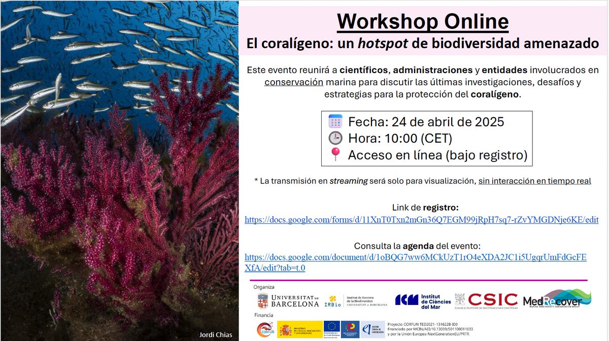 🌊🔬 ¡No te pierdas el próximo taller online sobre la conservación del coralígeno en el Mediterráneo!(<a href="/CorfunHeatmed/">CORFUN - HEATMED</a>)
📅 [24/04/2025] 🕒 [10:00] (CET)
📍 Acceso como espectador bajo registro
📄 Consulta la agenda: docs.google.com/document/d/1oB…
🔗 Regístrate: docs.google.com/forms/d/11XnT0…